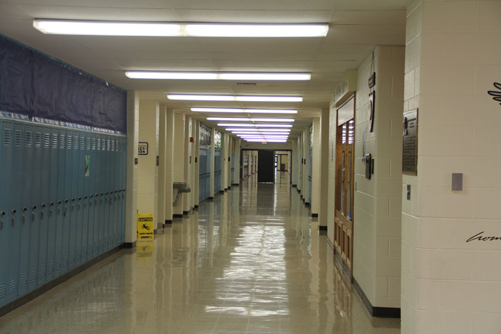 A peaceful hallway at East before the passing period is about to begin. 