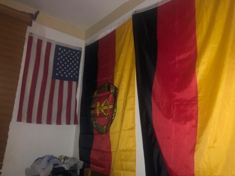 (A picture inside the room of Lincoln-Way East Student, Andrew Franson, who holds a flag collection) 